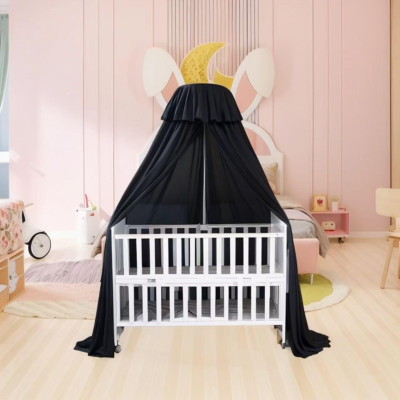Blackout Crib Canopy Black Crib Tent to Keep Baby in Crib Cover Canopy Bed Curtains for Indoor and Outdoor (Sticker Holder not Included)