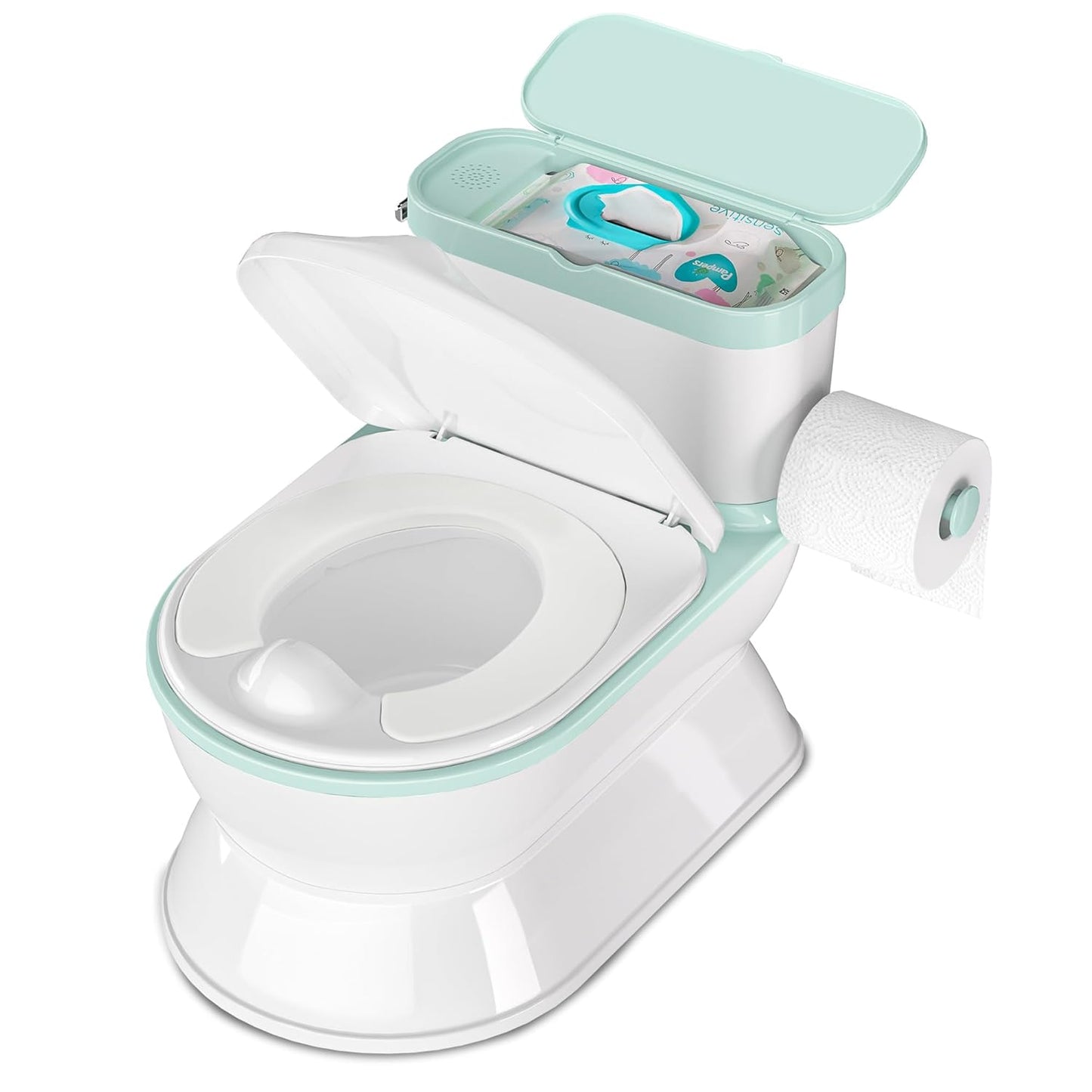 2-in-1 Toddler Potty Training Toilet - Larger Potty Chair & Detachable Training Seat for Boys & Girls Ages 1-3 with Flushing Sound, Wipes Storage, Toilet Paper Holder - Cyan