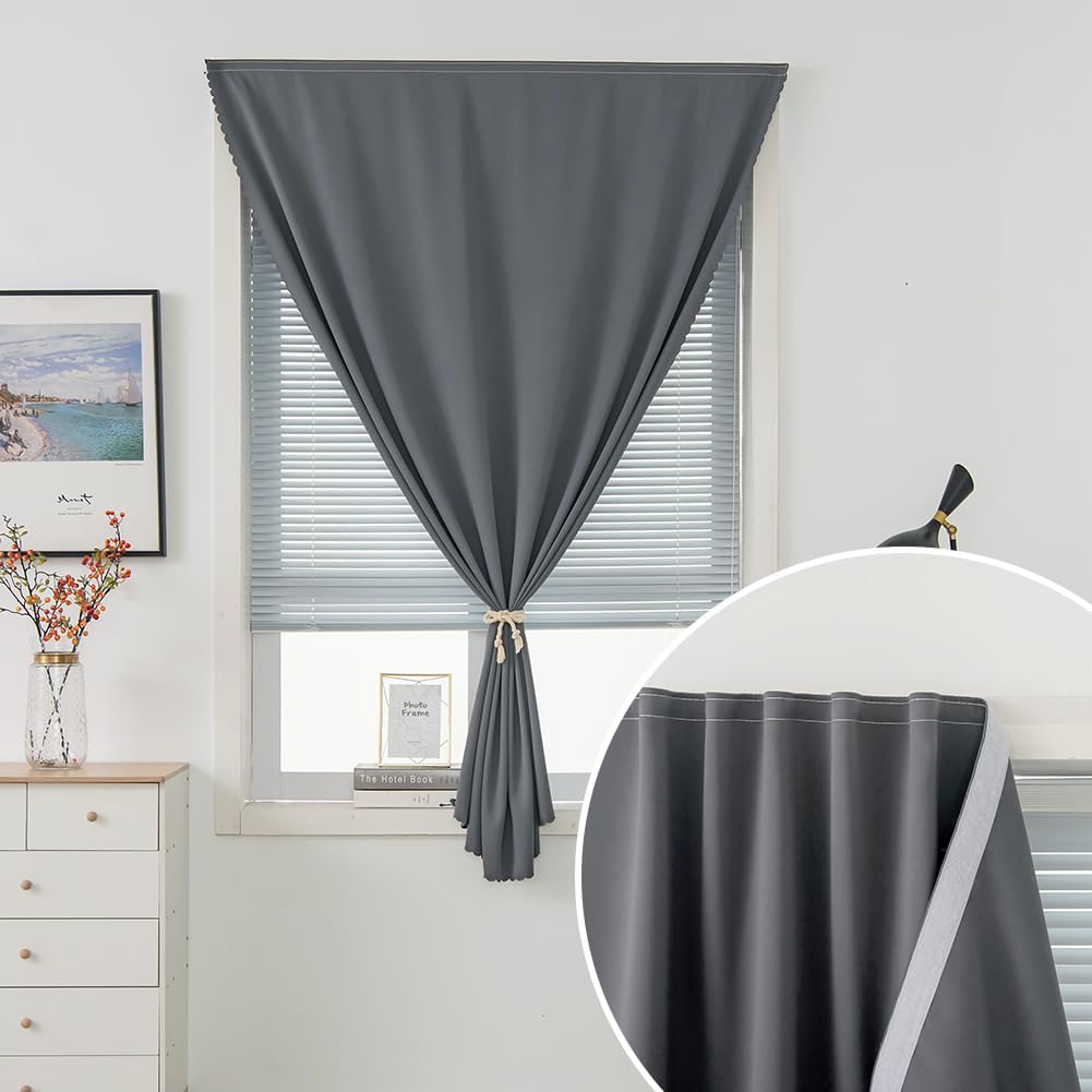 Magic Tape Stick On Curtains Window Shades Pull Down Blackout Window Cover Blackout Curtains for Bedroom No Drillng Self Adhesive Curtains No Rod Small Curtain, 47" W X 59" L, Grey, 1 Panel