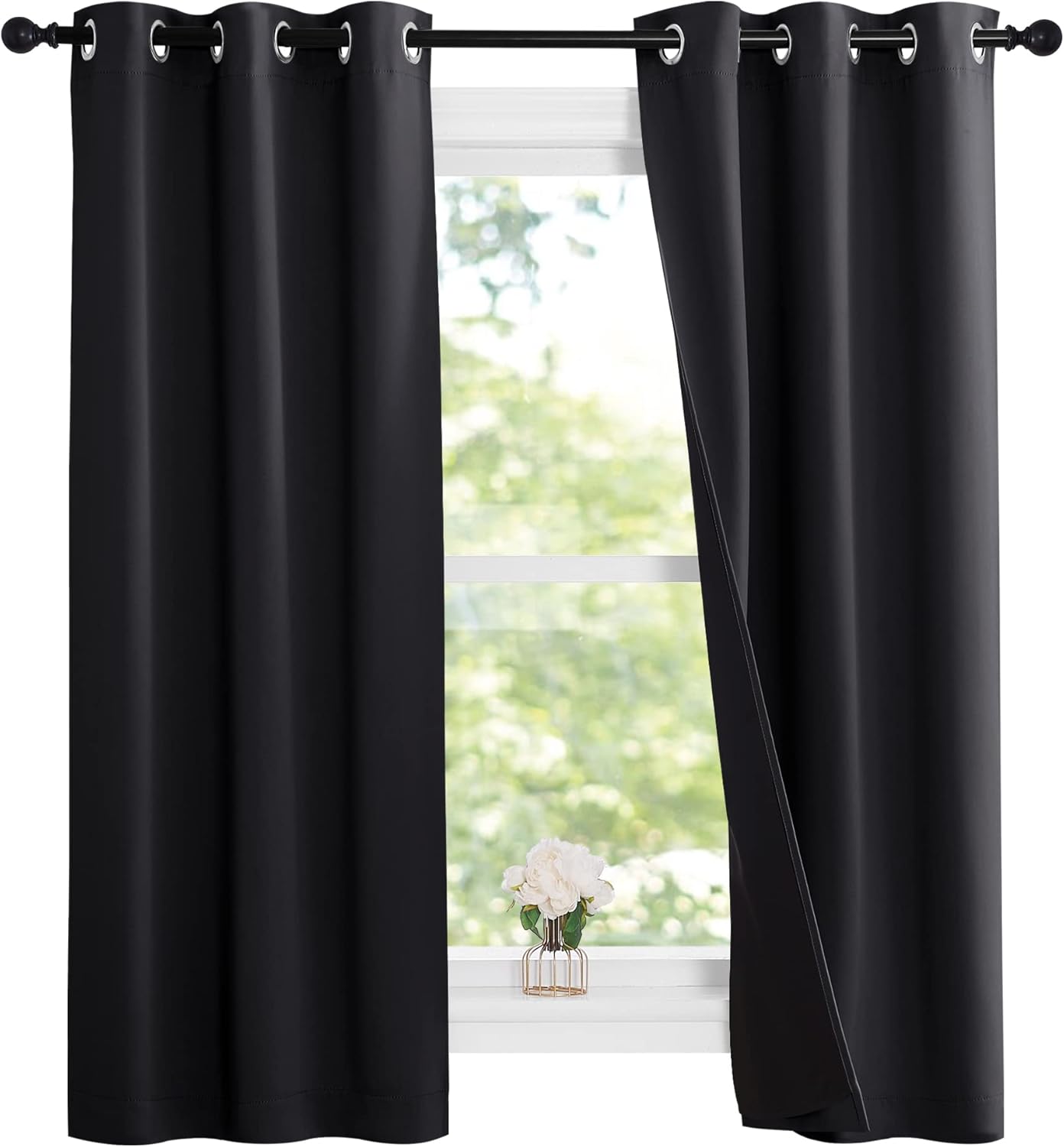 NICETOWN Complete 100% Blackout Curtain Set, Thermal Insulated & Energy Efficiency Window Draperies with Black Liner, Noise Reducing Short Curtains for Kids Room (Black, 37"W by 63"L, Double Panels)