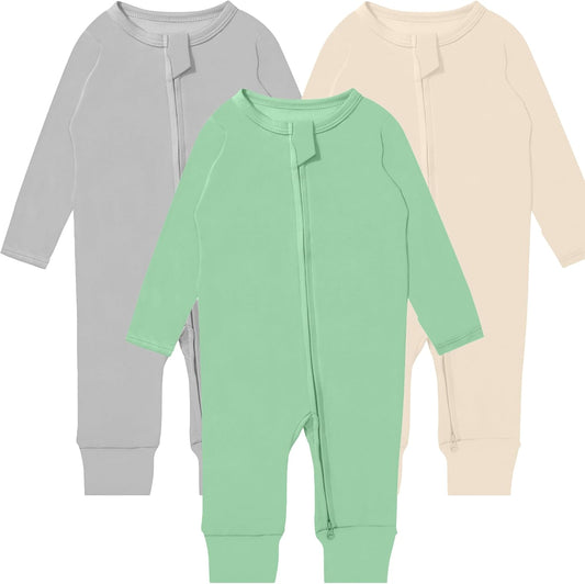 GUISBY Long Sleeve Cotton Pajamas Footless Baby Bodysuits with Zipper and Mittens 3-Pack for Boys Girls