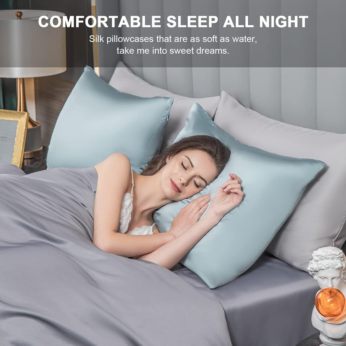 Mulberry Silk Pillowcase for Hair and Skin,Standard Size Cooling Silk Pillow Case with Hidden Zipper,Allergen Proof Dual Sides Soft Breathable Smooth Silk Pillow Cover for Women(King,Aqua Blue)