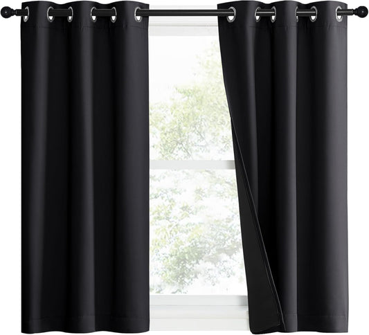 NICETOWN Complete 100% Blackout Curtain Set, Black, 37" W by 50" L, Double Panels, Thermal Insulated & Energy Efficiency Window Draperies with Black Liner, Noise Reducing Short Curtains for Kids Room