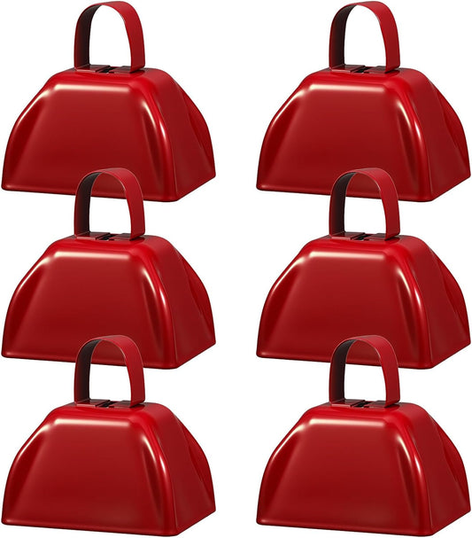 6 Pcs 3 Inch Metal Cowbells Noise Maker Hand Percussion Cow Bells with Handles for Sporting Events Cheering Noisemakers Weddings Team Spirit Sports Party Favors (Red)
