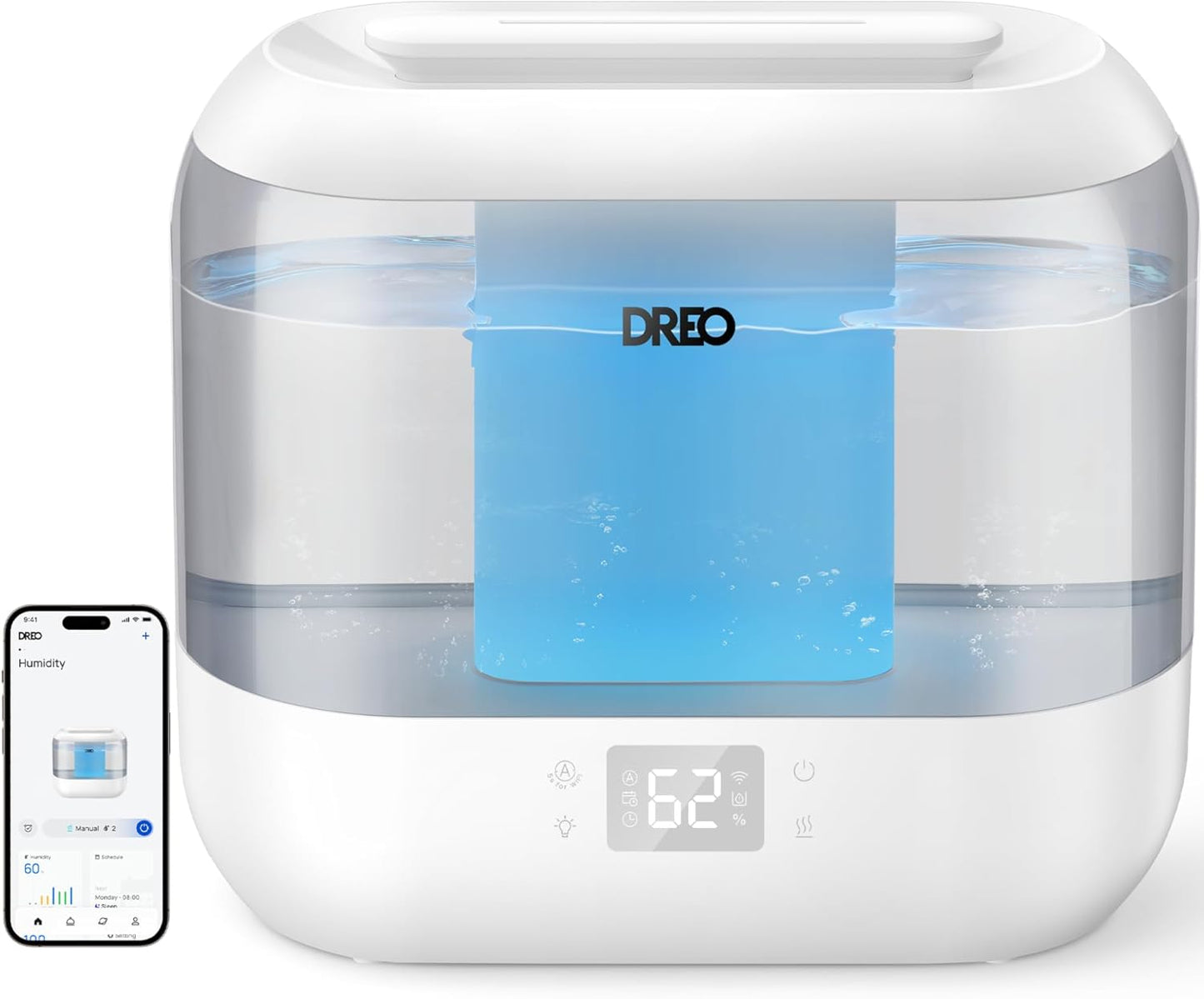 Dreo Smart Humidifiers for Bedroom, Top Fill 4L Cool Mist Humidifier with Nightlight, 36H Runtime, Touch/APP/Voice Control, Quiet Ultrasonic Humidifiers for Large Room, Home, Baby, Plants, Office