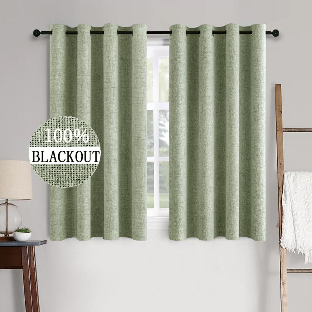 MIULEE Linen Texture Curtains for Bedroom Solid 100% Blackout Thermal Insulated Sage Green Curtains Grommet Room Darkening Drapes for Living Room Nursery 52x63 Inch (2 Panels)