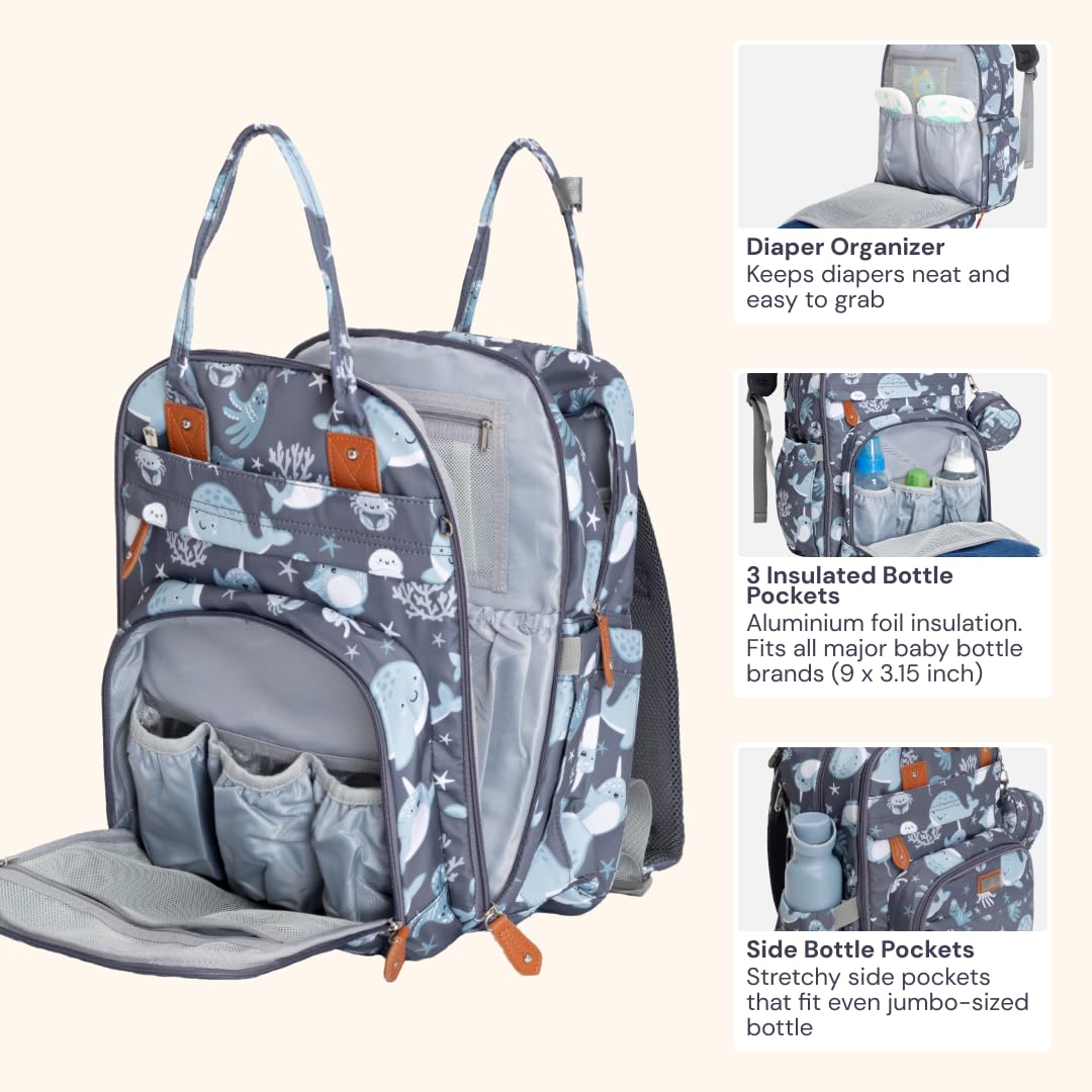 BabbleRoo Diaper Bag Backpack - Baby Essentials Travel Tote - Multi Function Waterproof Diaper Bag, Travel Essentials Baby Bag with Changing Pad, Stroller Straps & Pacifier Case - Unisex, Sea Animals