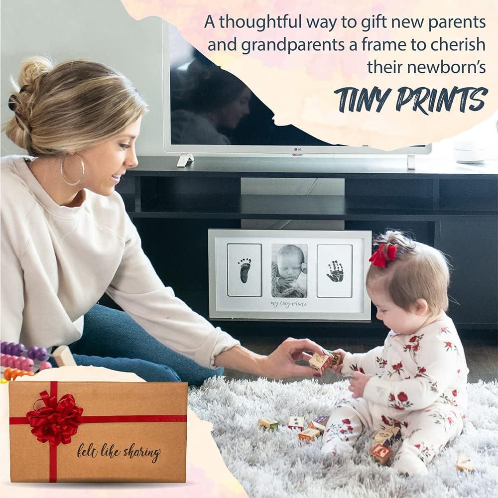 Felt Like Sharing My Tiny Prints Newborn Baby Handprint and Footprint Kit – Photo Keepsake Frame with Ink Pad for Baby Hand and Footprints – Great New Parent Present – 17” L x 9.5” H (Gray)