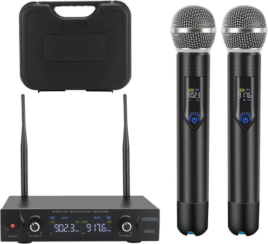 Wireless Microphone System with case, Metal UHF Dual Handheld 20 Channels Professional Cordless Mic System for Church, DJ, Karaoke,Wedding, Home KTV Set