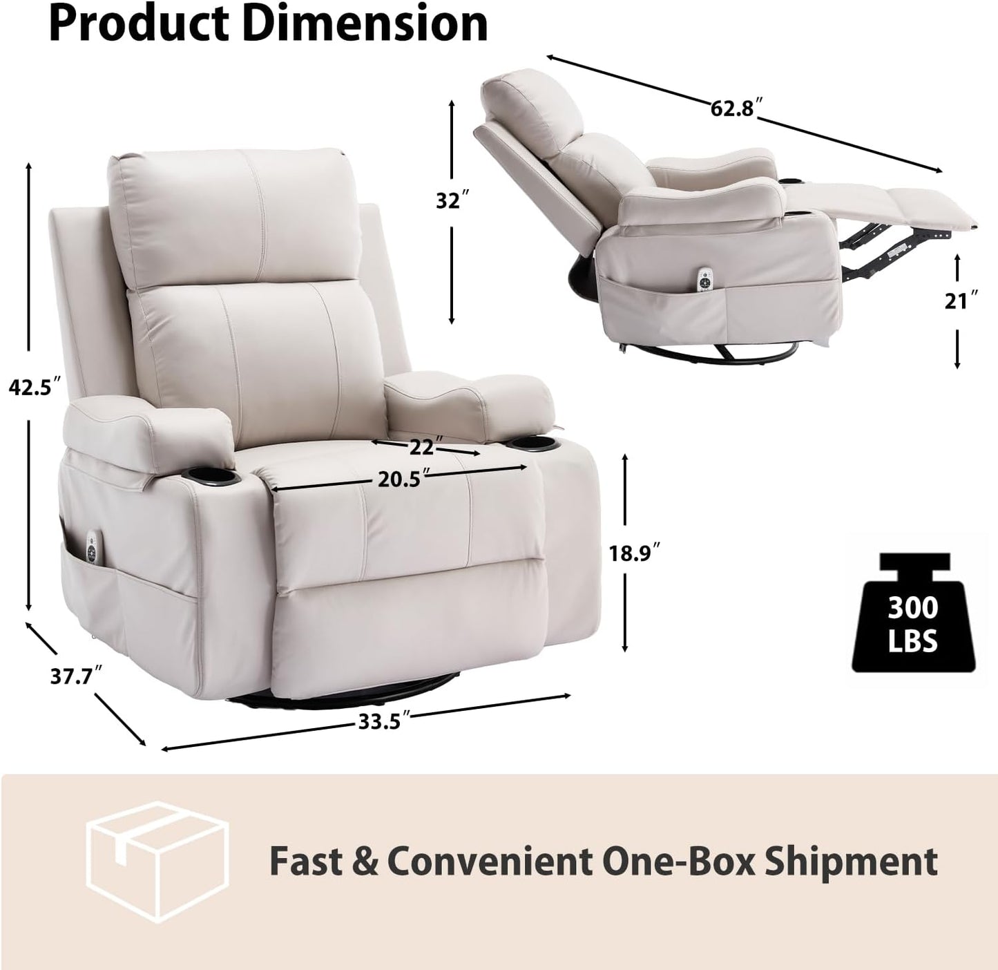 KCQ Electric Swivel Recliner Chair with Massage Heat Cup Holders Overstuffed PU Leather Power Rocking Glider Chairs Rocker Recliner for Adults, Beige