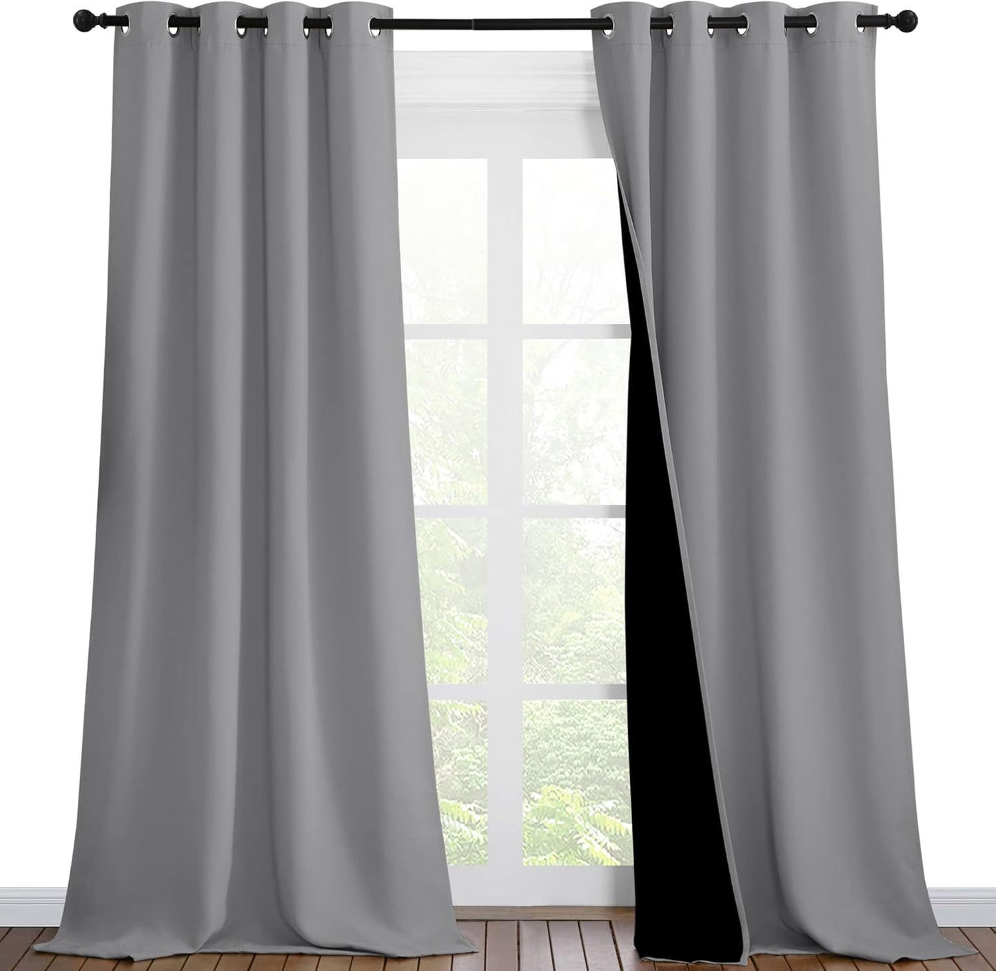 NICETOWN Total Shade Curtains and Draperies, Heavy-Duty Full Light Shading Drapes with Black Liner Backing for Villa/Hall/Dorm Window（Silver Grey, Package of 2 Panels, 46 inches Wide x 90 inches Long