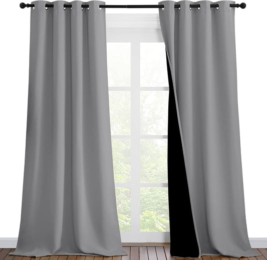 NICETOWN Total Shade Curtains and Draperies, Heavy-Duty Full Light Shading Drapes with Black Liner Backing for Villa/Hall/Dorm Window（Silver Grey, Package of 2 Panels, 46 inches Wide x 90 inches Long