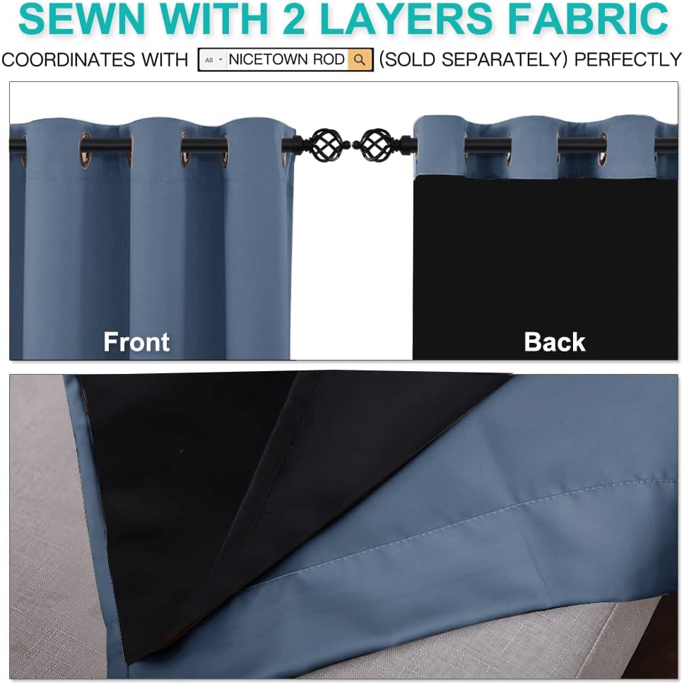 NICETOWN 100% Blackout Curtains with Black Liners, Thermal Insulated Full Blackout 2-Layer Lined Drapes, Energy Efficiency Window Draperies for Boy's Room (Stone Blue, 2 Panels, 52-inch by 54-inch)