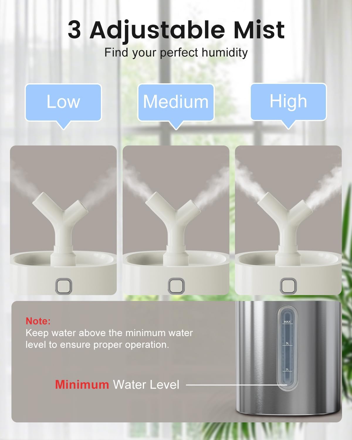 Feekaa Stainless Steel Humidifier, 4L/1Gal Cool Mist Humidifiers for Bedroom up to 500 sq ft, Easy Clean Dishwasher Safe Humidifier Large Room, Humidifiers for Bedroom Nursery Baby Living Room Office