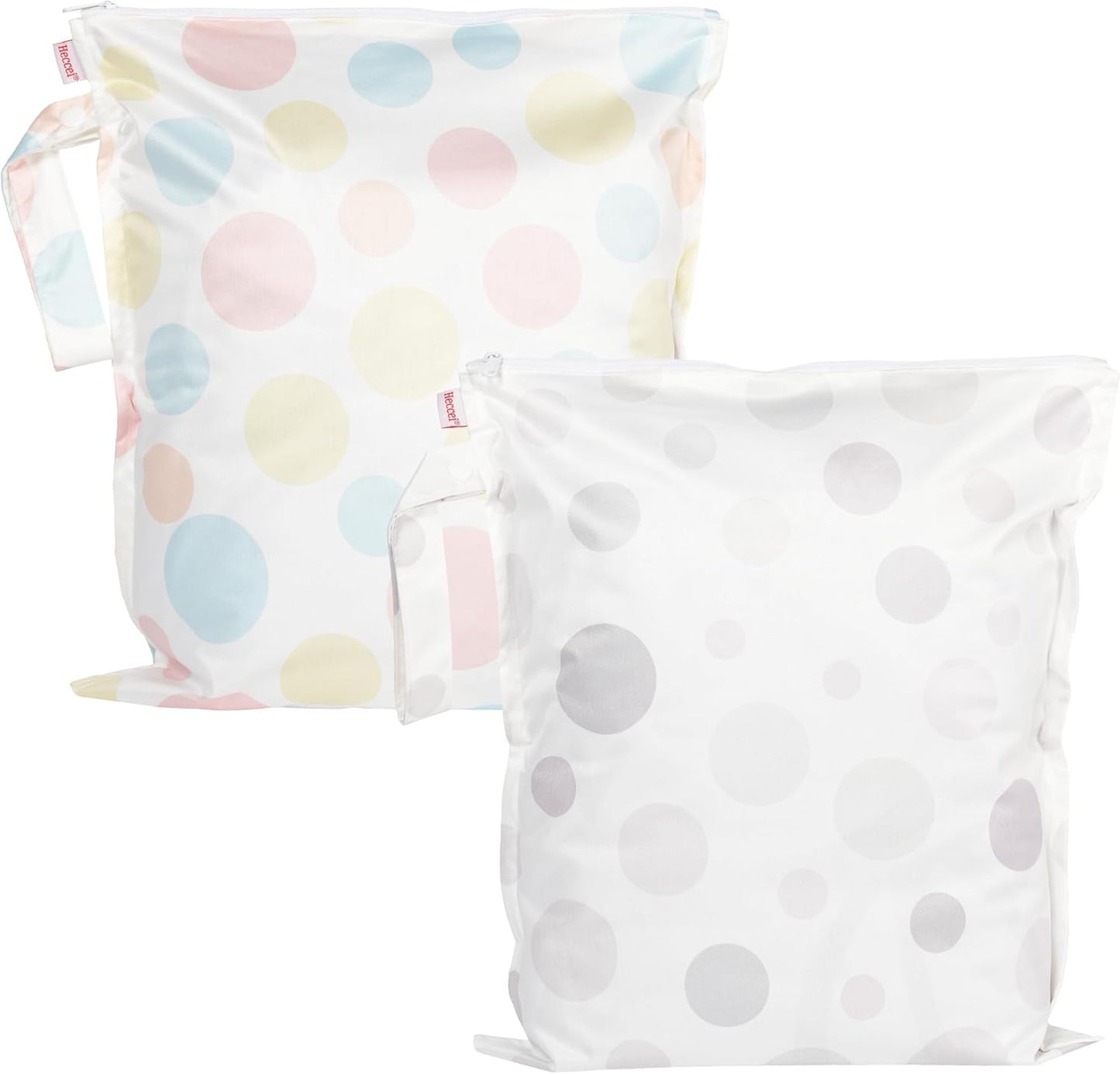 HECCEI Wet Dry Bag, 2-Pack Reusable Waterproof Wet Bagsfor Swimsuits & Baby Clothes, Leakproof Cloth Diaper Wet Bags for Travel & Diaper Changes (Bubble Play)