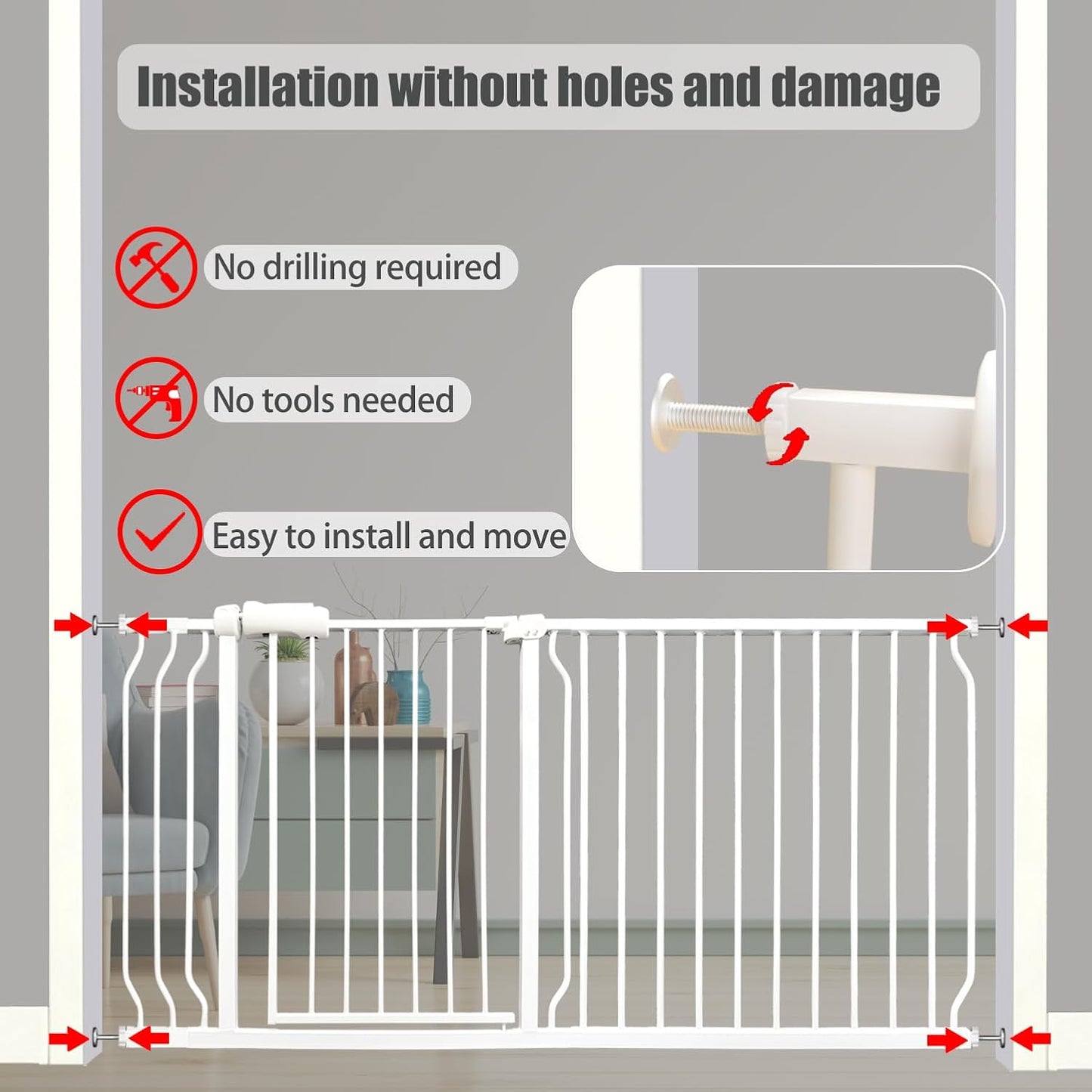 29-34 Inch Baby & Pet Gate - White Metal, Pressure Mounted, Walk Through Safety Gate for Narrow Stairs & Doorways