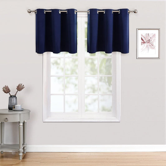 ChrisDowa Small Kitchen Valances for Windows - Grommet Short Thermal Insulated Room Darkening Window Valances Curtains for Living Room (2 Panels, Navy Blue, 42 x 18 Inch)