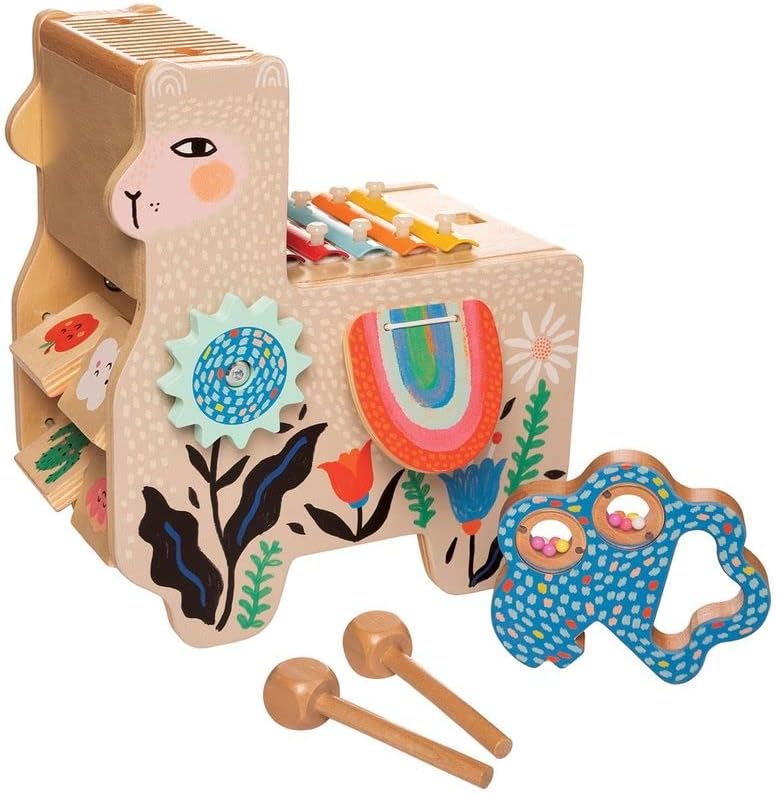 Manhattan Toy Musical Llama Wooden Instrument for Toddlers with Maraca, Clacking Saddlebags, Drumsticks, Washboard & Xylophone