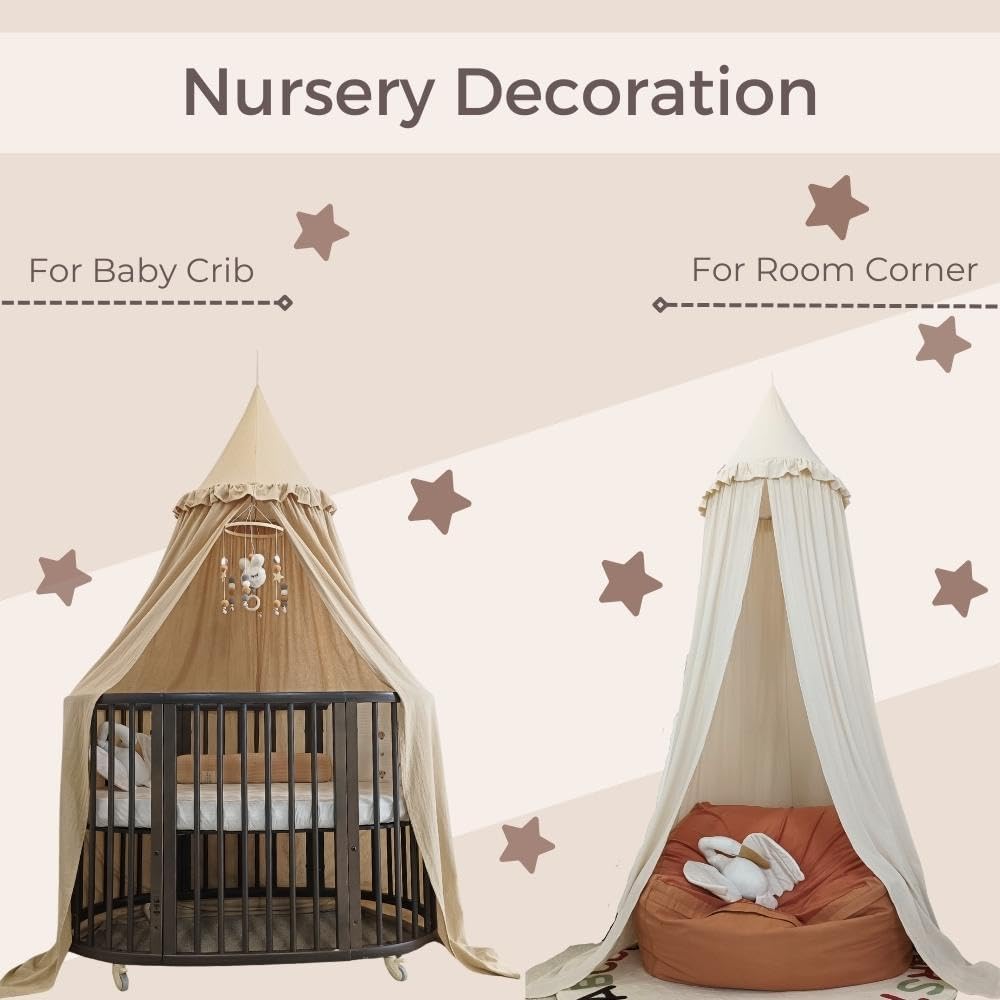 Wonder Space Kids Bed Canopy with Ruffles, Pastel Neutral Color for Boys & Girls, Frilled Cotton Tent Nursery Room Baby Crib Hanging Curtain Mosquito Netting Children Reading Nook Decoration (Ivory)