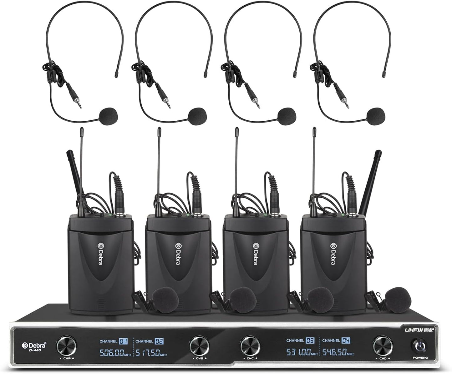 D Debra Audio D-440 UHF 4-Channel Wireless Microphone System with 4 Cordless Mics, Home Karaoke KTV Set, Ideal for Party, Church, Weddings, Stage, DJ, Outdoor, 300 Ft (4 Bodypack)