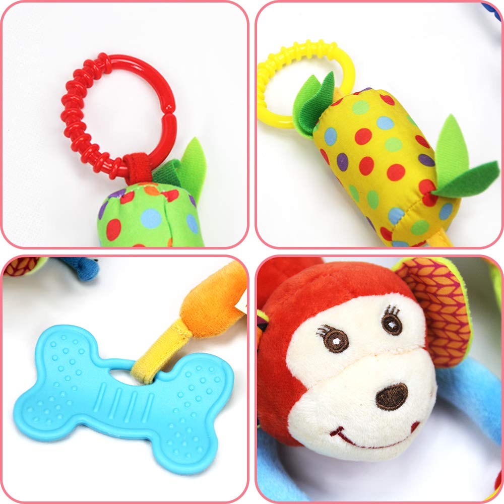 4 PCS Baby Soft Hanging Rattle Crinkle Squeaky Toy - Baby Toys for 0 3 6 9 to 1 Animal Ring Plush Stroller Infant Car Bed Crib Travel Activity Hanging Wind Chime with Teether for Boys Present