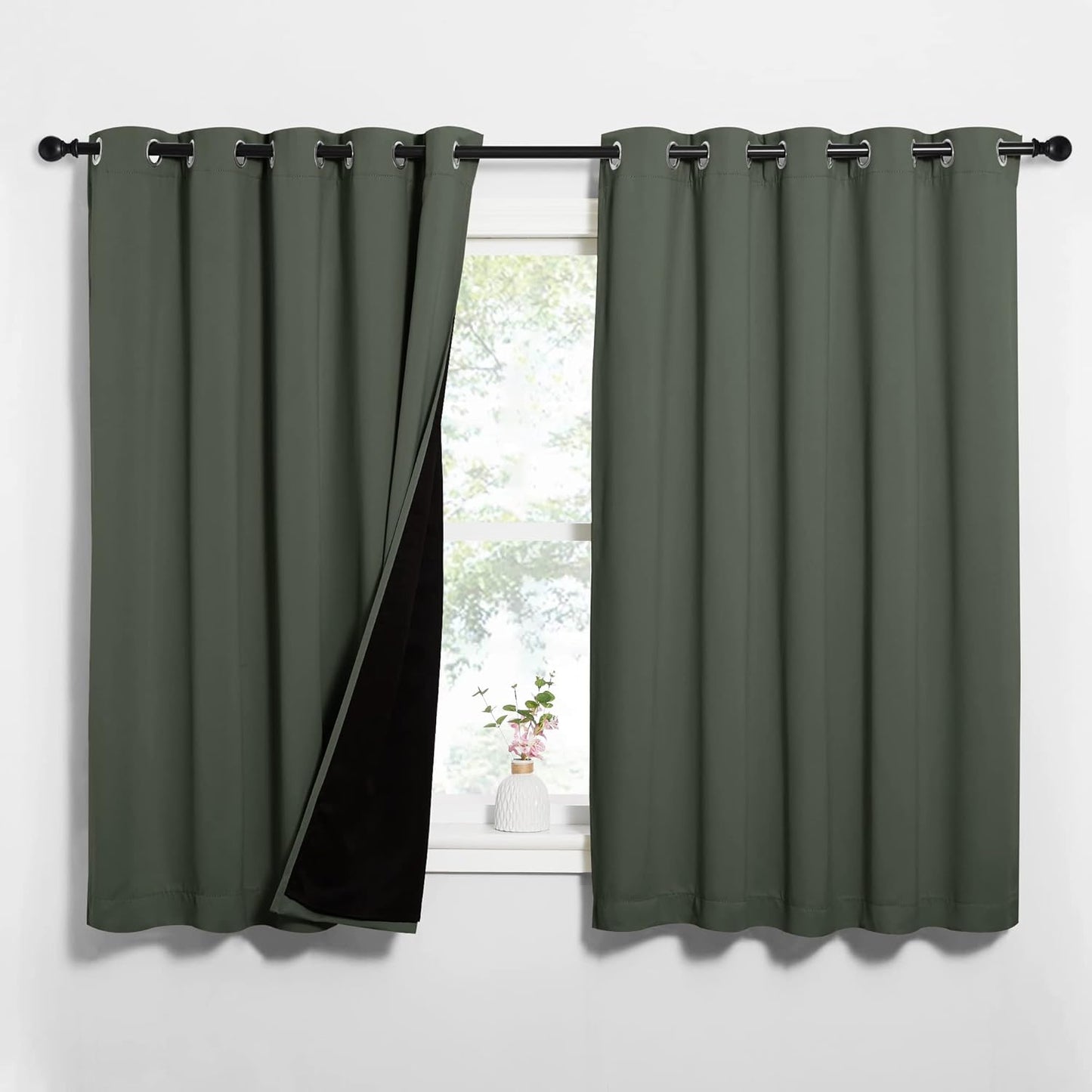 NICETOWN Dark Mallard 100% Blackout Lined Curtains, 2 Thick Layers Completely Blackout Window Treatment Thermal Insulated Drapes for Kitchen/Bedroom (1 Pair, 62" Width x 63" Length Each Panel)