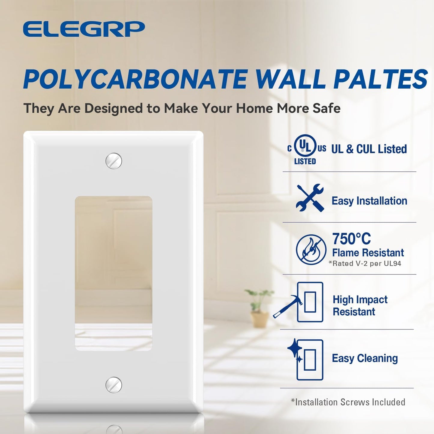 ELEGRP Decorative Receptacle Wall Plate, 1-Gang Mid Size Decorator Covers, Unbreakable Polycarbonate Faceplates for Decorator Device, UL Listed, Screws Included (10 Pack, Glossy White)