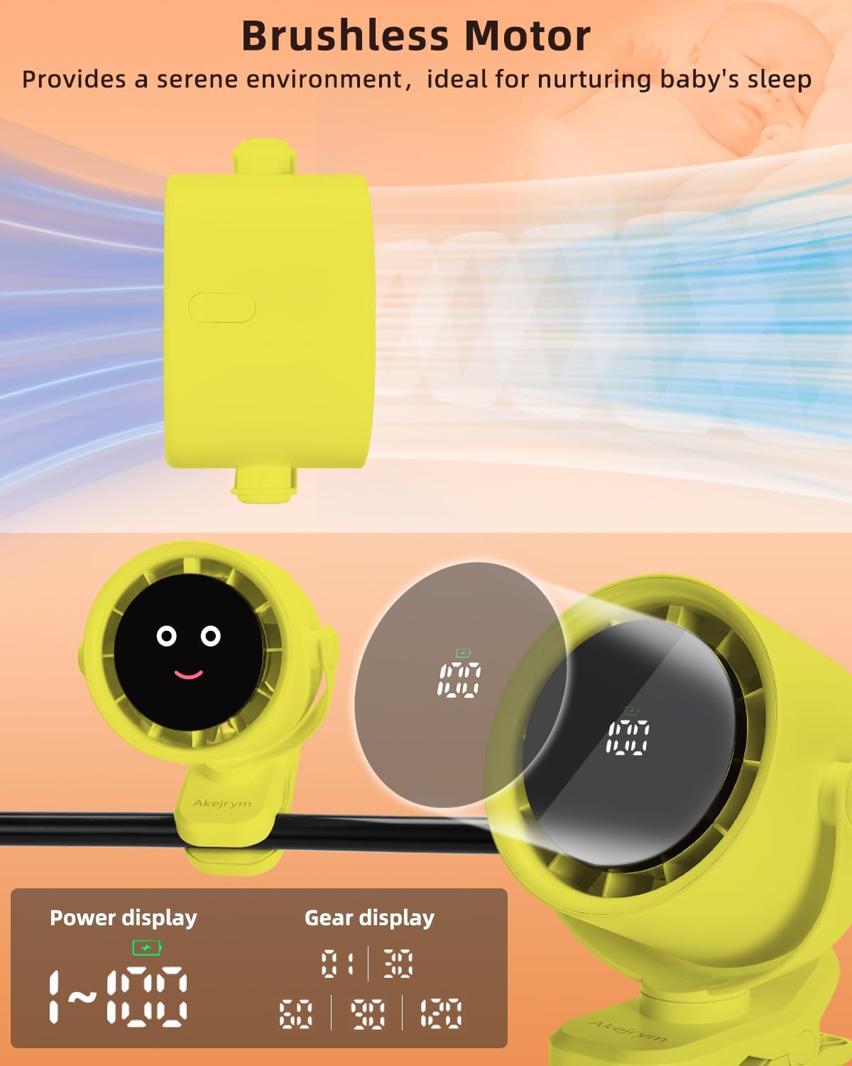Clip on Fan for Bed, Portable Fan for Travel, Small Powerful 5 Speed Quiet 360° Rotate, Air Turbo Tech & Digital display, For Home Office Stroller Camping (Yellow)