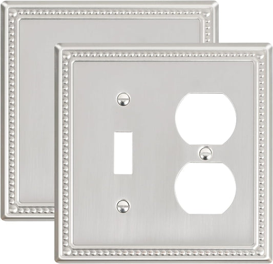 2-Pack Combo Toggle/Duplex Light Switch Cover Plate, Brushed Nickel Metal Wall Outlet Cover, Decorative Classic Beaded Wall Plate