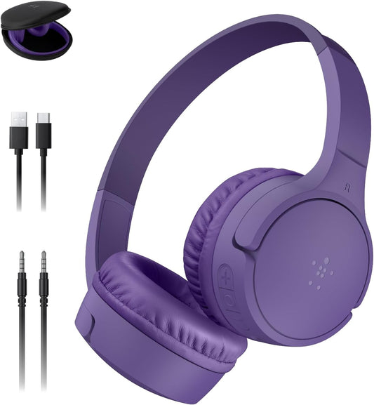 Belkin SoundForm Mini - Wireless Bluetooth Kids Headphones, 30H Battery, 85dB Safe Volume Limit, Built-in Microphone - Toddler On-Ear Earphones for iPhone, iPad - Ideal for School - Purple w/Case