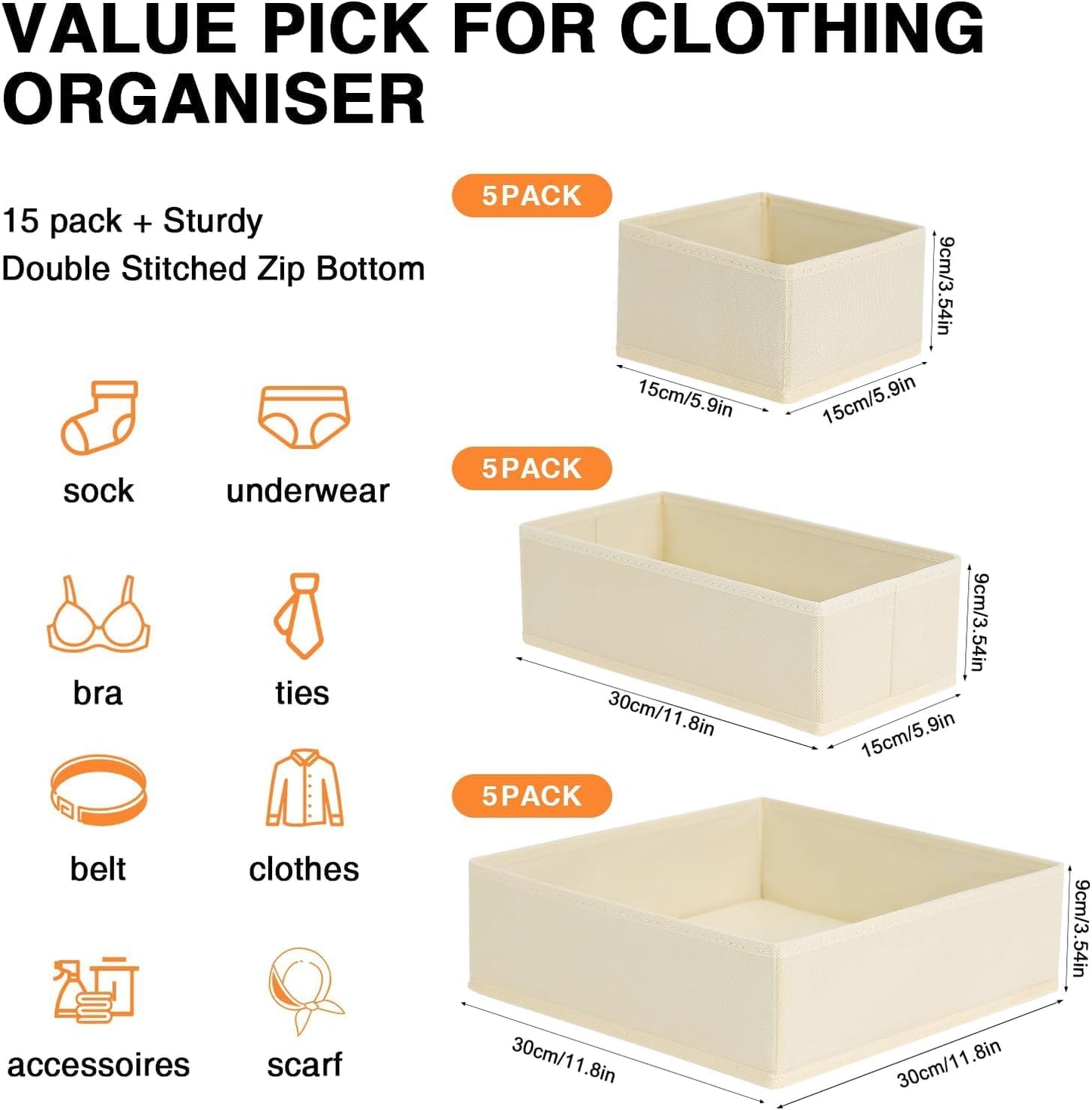 DIMJ Drawer Organizer Clothes, 15 Pack Dresser Organizer, Foldable Closet Organizers and Storage, Fabric Dresser Bins, Drawer Dividers for Nursery, Baby Clothes, Underwears, Sock (Beige)