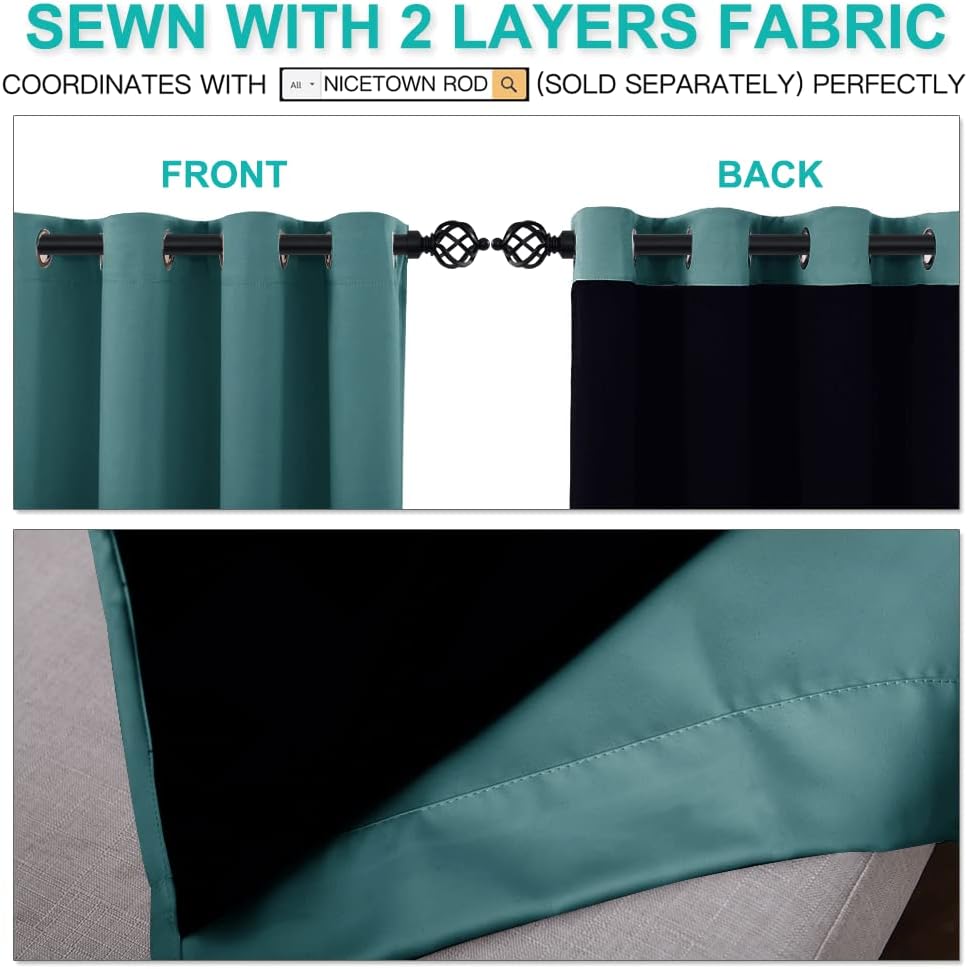 NICETOWN Small 100% Blackout Curtains with Black Liners, Thermal Insulated 2-Layer Lined Drapes, Energy Efficiency Window Draperies for Dining Room (Sea Teal, 2 Panels, 52-inch W by 45-inch L)