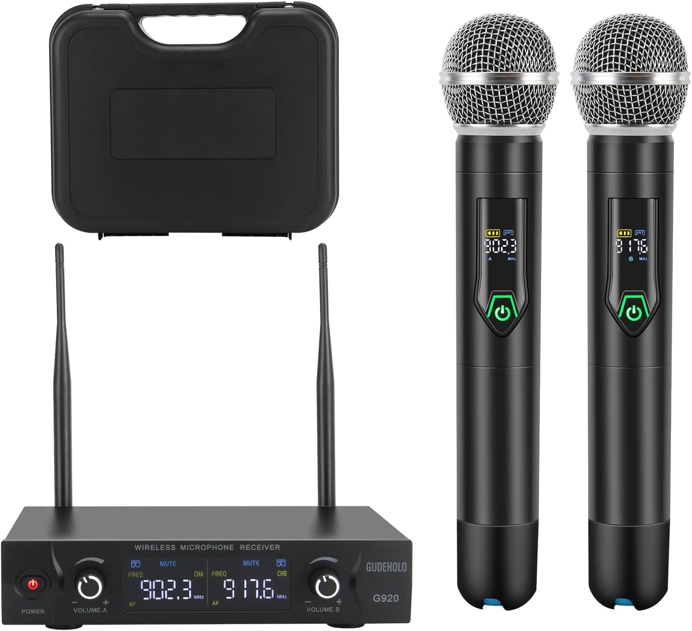Wireless Microphone System with case, Metal UHF Dual Handheld 20 Channels Professional Cordless Mic System for Church, DJ, Karaoke,Wedding, Home KTV Set