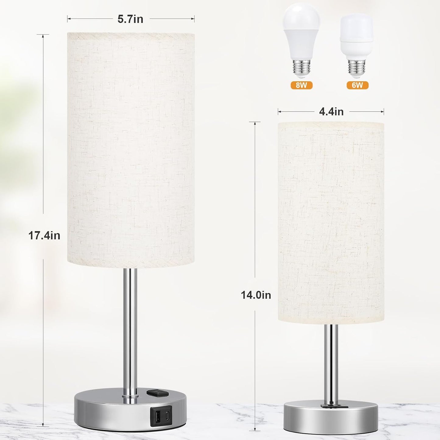 17.4Inch Bedside Touch Table Lamps for Bedroom Nightstand with USB-C USB-A Charging Ports White - 3 Way Dimmable Control Small Lamp Fabric Shade Silver Base for Office, Dorm Room, Living Room, Reading