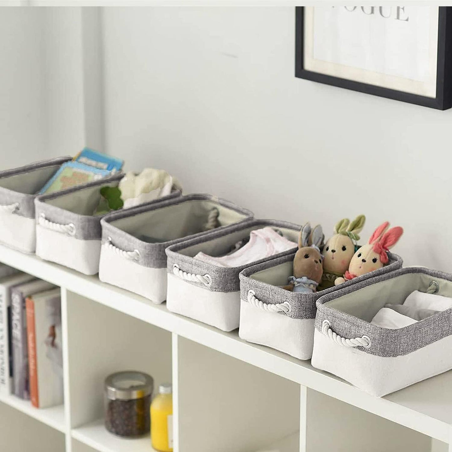 Storage Bins - Storage Baskets for Shelves Storage Cubes with Handles Small Baskets for Organizing (Gray and White 11.8 x 7.9 x 5.2 inch)