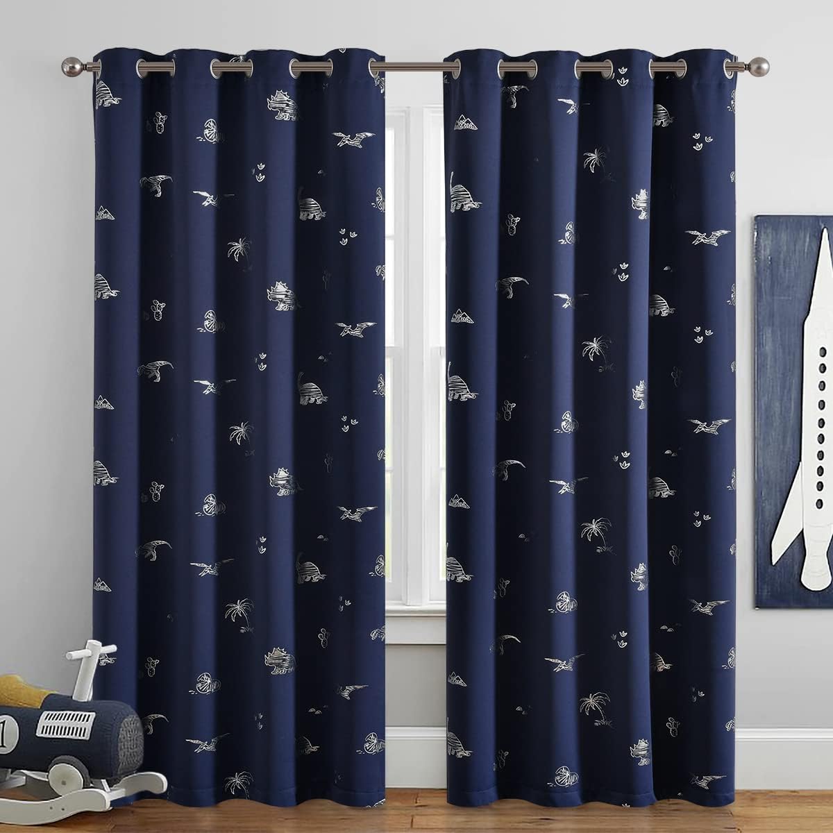 Vangao Kids Curtains Navy Blue Blackout Dinosaur Curtains for Boys Kids Nursery Girls Room Silver Dino Foil Print Thermal Insulated Drapes Grommet Top Window Treatments 84 Inches Length 2 Panels