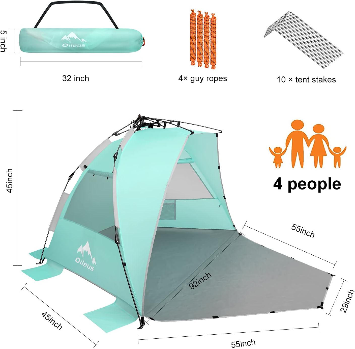 Oileus X-Large 4 Person Beach Tent Sun Shelter - Portable Sun Shade Instant Tent for Beach with Carrying Bag, Stakes, 6 Sand Pockets, Anti UV for Fishing Hiking Camping, Waterproof, Light Green