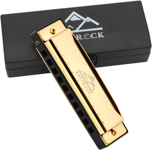 EastRock Blues Harmonica Mouth Organ 10 Hole C Key with Case, Diatonic Harmonica for Professional Player, Beginner, Students gifts, Adult, Friends, Gift (Gold)