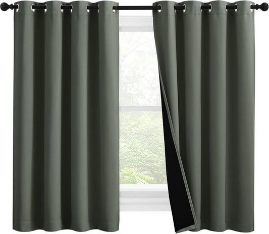 NICETOWN 100% Blackout Curtains 57 inches Long, Double-Deck Completely Blackout Window Treatment Thermal Insulated Lined Drapes for Small Window (Dark Mallard, 1 Pair, 55 inches Width Each Panel)