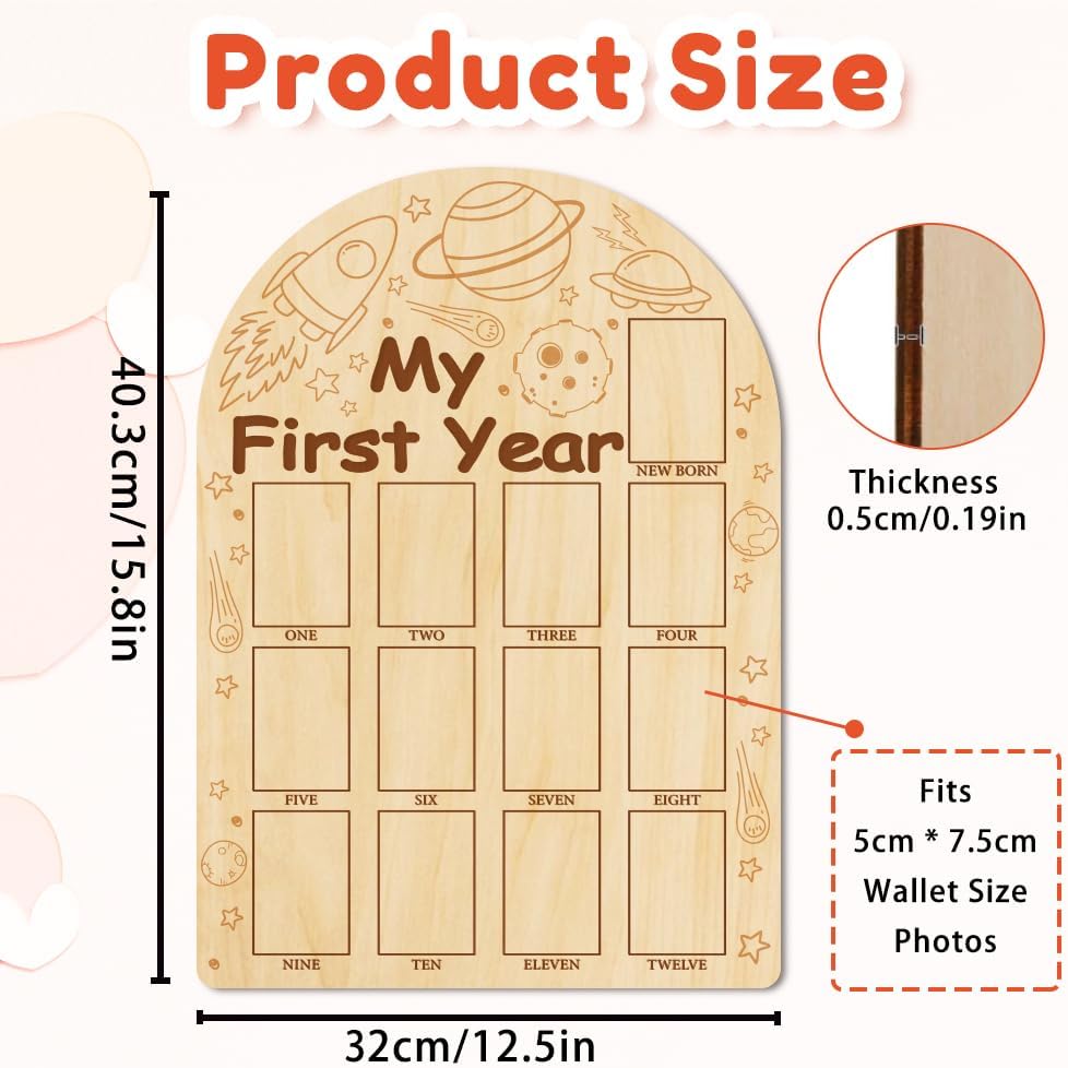 ORIGACH My First Year Baby Growth Photo Display Wood Board - 12 Months Newborn Milestones Photo Board - Neutral Baby Keepsake Board 1st Birthday Party Nursery Decor New Mom Gift - Space