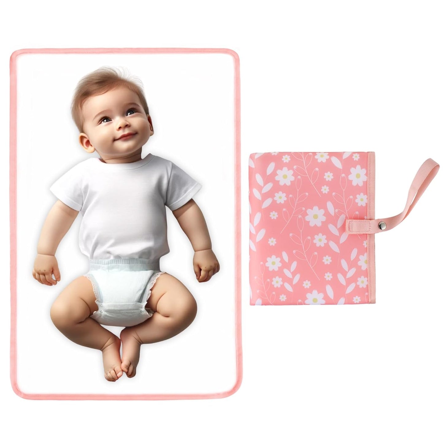 Portable Diaper Changing Pad for Baby - Waterproof Compact Changing Mat with Wrist Strap - Wipeable Travel Changing Pad for Diaper Bag - Gifts for Baby Shower by PHOEBUS BABY(Pink Flowers)