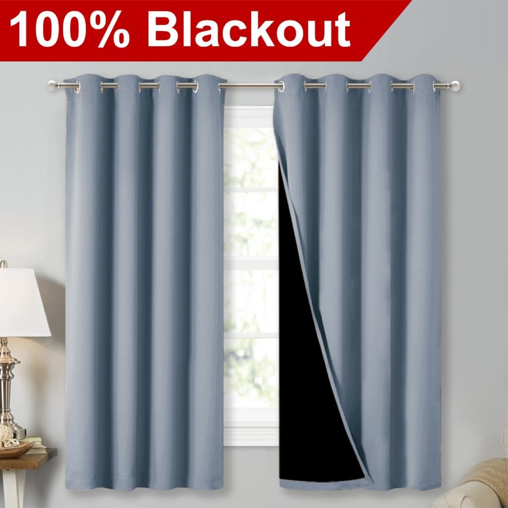 NICETOWN Extra Long Truly Blackout Drapes for Hall and Villa, 46" Width Each Panel, 45" Length, Vintage Blue, 2 Pieces, 100% Blackout Window Curtain Panels with Black Lined for Night Shift Worker