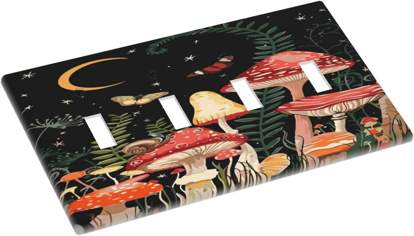 Moon Star Red Mushroom Forest Butterfly Green Plant Light Switch Covers Quad Toggle Electrical Faceplate 4 Gang Wall Plate Decorative Switch Plates for Kids Room Home Decor
