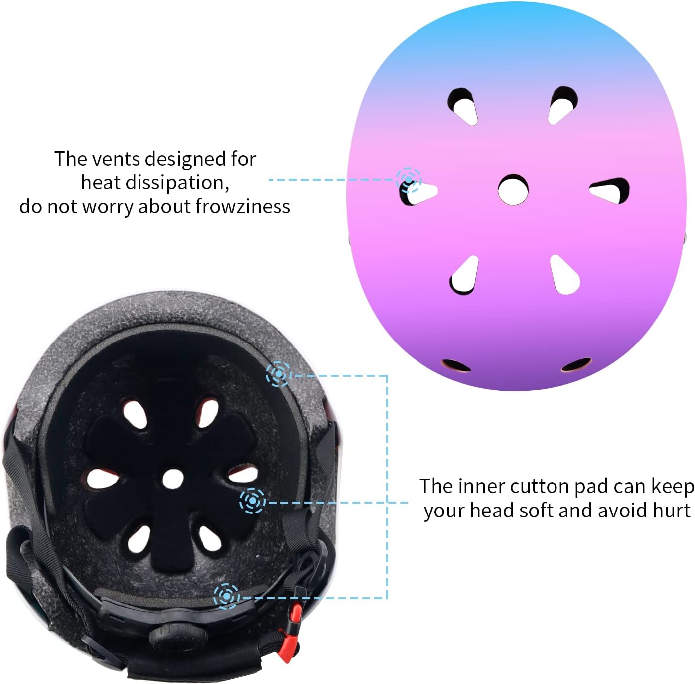 Adjustable Color Gradient Skateboard Helmet for 3-5-8-14+Ages【Toddler Kids Youth Adult】 Girls Boys Woman.Bike Helmet for Multi-Sports Cycling Bicycle Scooter Inline Roller Skate Rollerblading