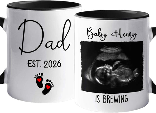 Personalized Picture & Name Baby Coming White Coffee Mug 11 Oz 15 Oz, Promoted To Dad EST. 2026 Accent Cup Gift For Pregnancy Announcement, Customized Coffee Cup New Dad/First Time Expecting Daddy