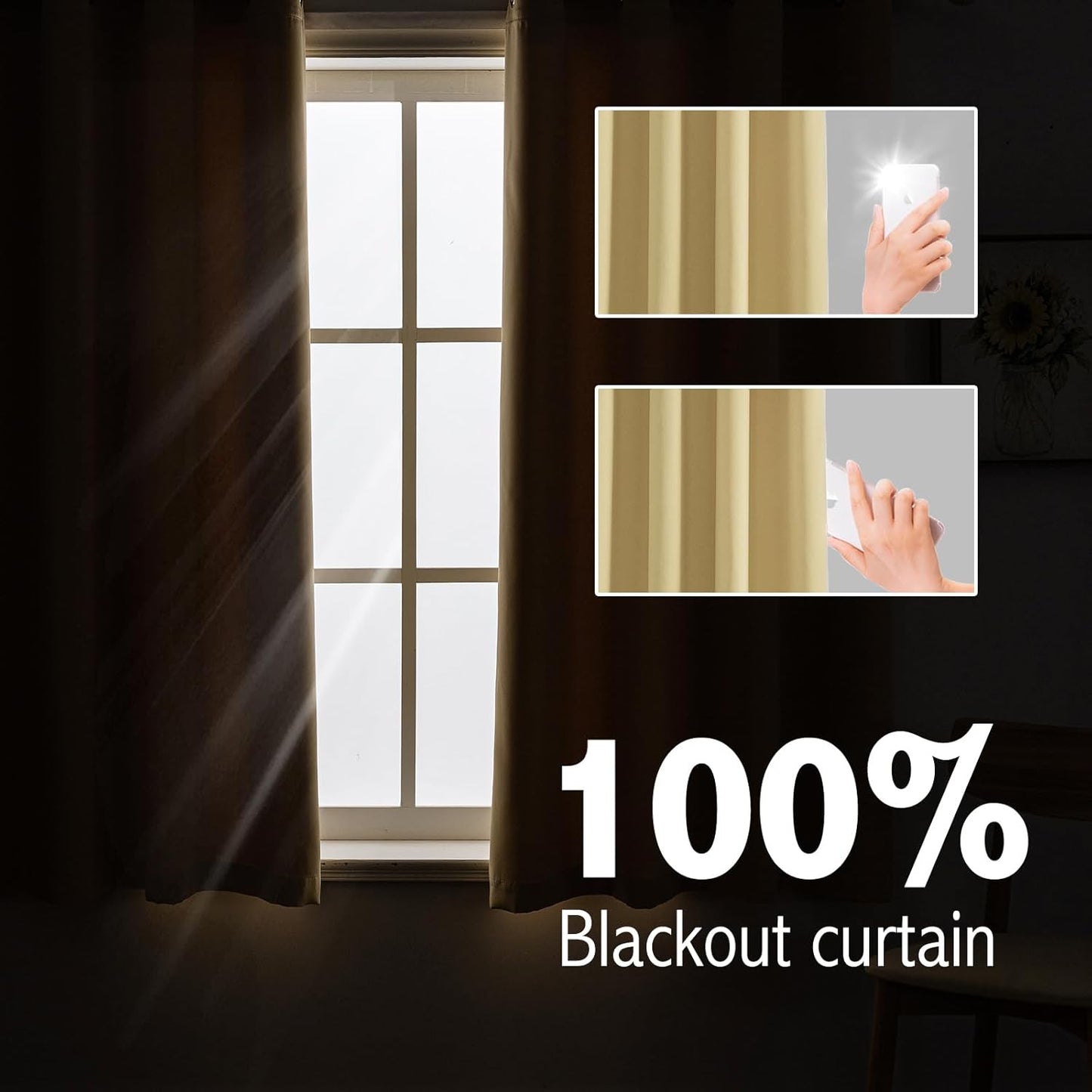 Anytime 100% Blackout Curtain Set, Thermal Insulated & Energy Efficiency Window Draperies for Guest Room, Full Shading Panels for Shift Worker and Light Sleepers（Beige, 2 Panels, 37W x 63L）