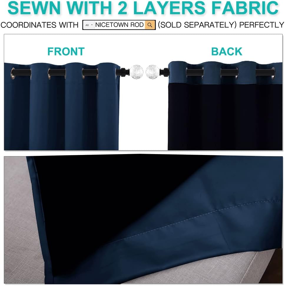 NICETOWN 100% Blackout Curtain Panels, Thermal Insulated Black Liner Curtains for Nursery Room, Noise Reducing and Cold Blocking Drapes for Windows (Set of 2, Navy Blue, 42" Wide by 63" Long)