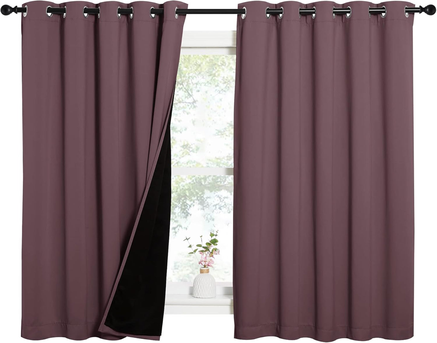 NICETOWN Dry Rose 100% Blackout Lined Curtains, 2 Thick Layers Completely Blackout Window Treatment Thermal Insulated Drapes for Kitchen/Bedroom (1 Pair, 62 inches Width x 63 inches Length Each Panel)