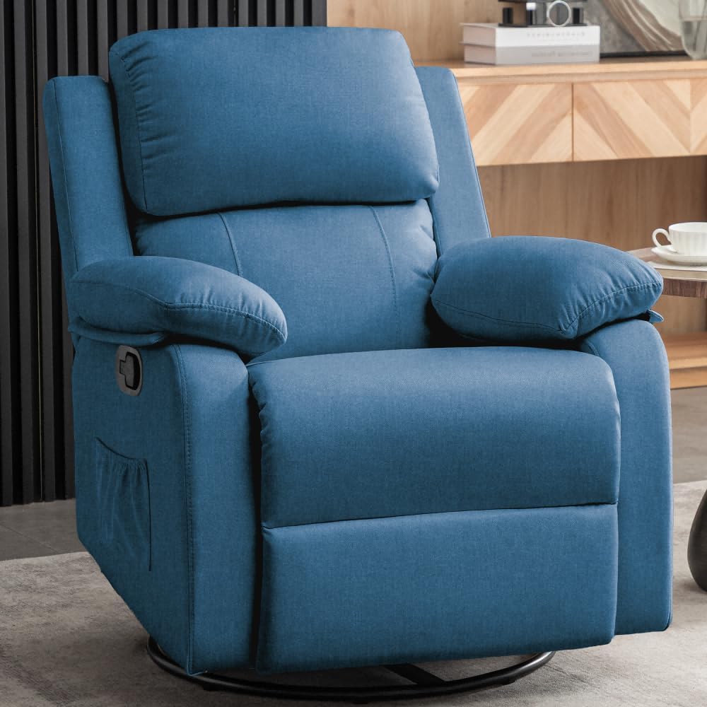 Recliner Chair, 360 Swivel Rocker Chair for Adults, Small Rocking Recliner Chair for Small Spaces, Upholstered Fabric Glider Recliner Nursery Chair with Side Pockets for Living Room, Nursery