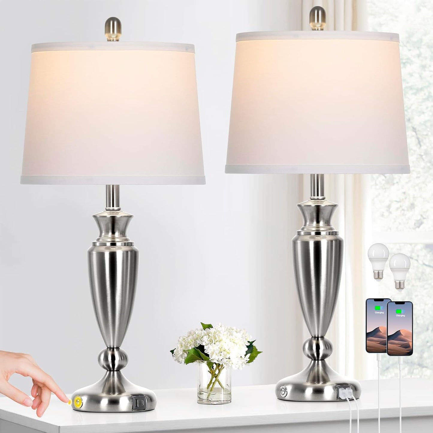 Metal Table Lamps Set of 2, 3 Way Touch Control Silver Bedside Lamps with USB A+C Ports, Modern Brushed Nickel Nightstand Lamps for Bedroom Living Room